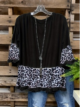 Plus Size Casual Top, Women's Plus Colorblock Leopard Print Lettuce Trim Short Sleeve Round Neck Slight Stretch Top