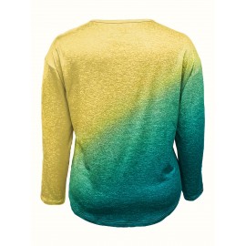 Plus Size Ombre Print Button Front T-shirt, Casual Long Sleeve V Neck Top For Spring & Fall, Women's Plus Size Clothing