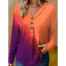 Plus Size Ombre Print Button Front T-shirt, Casual Long Sleeve V Neck Top For Spring & Fall, Women's Plus Size Clothing