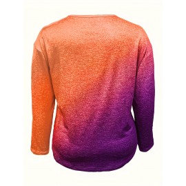 Plus Size Ombre Print Button Front T-shirt, Casual Long Sleeve V Neck Top For Spring & Fall, Women's Plus Size Clothing