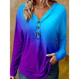Plus Size Ombre Print Button Front T-shirt, Casual Long Sleeve V Neck Top For Spring & Fall, Women's Plus Size Clothing