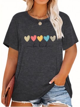 Plus Size Casual T-shirt, Women's Plus Heart & Slogan Print Short Sleeve Round Neck Medium Stretch T-shirt