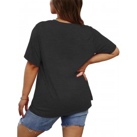 Plus Size Casual T-shirt, Women's Plus Heart & Slogan Print Short Sleeve Round Neck Medium Stretch T-shirt