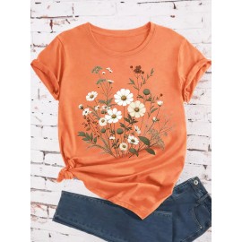 Plus Size Floral Print T-Shirt, Casual Crew Neck Short Sleeve T-Shirt, Women's Plus Size Clothing