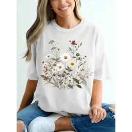Plus Size Floral Print T-Shirt, Casual Crew Neck Short Sleeve T-Shirt, Women's Plus Size Clothing
