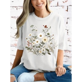 Plus Size Floral Print T-Shirt, Casual Crew Neck Short Sleeve T-Shirt, Women's Plus Size Clothing