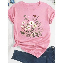 Plus Size Floral Print T-Shirt, Casual Crew Neck Short Sleeve T-Shirt, Women's Plus Size Clothing
