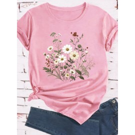 Plus Size Floral Print T-Shirt, Casual Crew Neck Short Sleeve T-Shirt, Women's Plus Size Clothing
