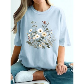 Plus Size Floral Print T-Shirt, Casual Crew Neck Short Sleeve T-Shirt, Women's Plus Size Clothing