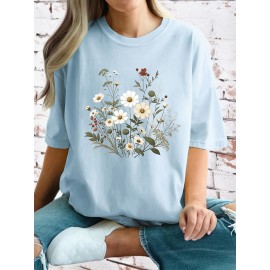 Plus Size Floral Print T-Shirt, Casual Crew Neck Short Sleeve T-Shirt, Women's Plus Size Clothing