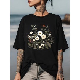 Plus Size Floral Print T-Shirt, Casual Crew Neck Short Sleeve T-Shirt, Women's Plus Size Clothing