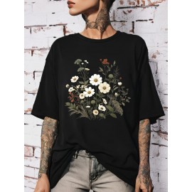 Plus Size Floral Print T-Shirt, Casual Crew Neck Short Sleeve T-Shirt, Women's Plus Size Clothing