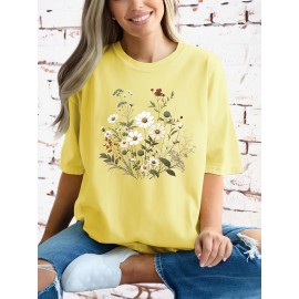 Plus Size Floral Print T-Shirt, Casual Crew Neck Short Sleeve T-Shirt, Women's Plus Size Clothing
