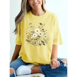 Plus Size Floral Print T-Shirt, Casual Crew Neck Short Sleeve T-Shirt, Women's Plus Size Clothing