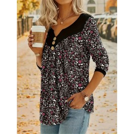 Plus Size Casual Top, Women's Plus Colorblock Ditsy Floral Print Button Decor Long Sleeve Notched Neck Medium Stretch Top