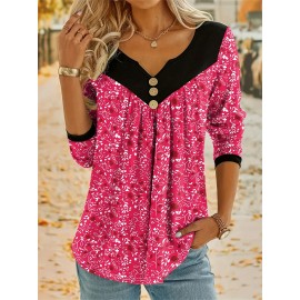 Plus Size Casual Top, Women's Plus Colorblock Ditsy Floral Print Button Decor Long Sleeve Notched Neck Medium Stretch Top