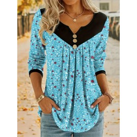 Plus Size Casual Top, Women's Plus Colorblock Ditsy Floral Print Button Decor Long Sleeve Notched Neck Medium Stretch Top