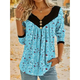 Plus Size Casual Top, Women's Plus Colorblock Ditsy Floral Print Button Decor Long Sleeve Notched Neck Medium Stretch Top