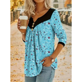 Plus Size Casual Top, Women's Plus Colorblock Ditsy Floral Print Button Decor Long Sleeve Notched Neck Medium Stretch Top