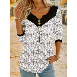 Plus Size Casual Top, Women's Plus Colorblock Ditsy Floral Print Button Decor Long Sleeve Notched Neck Medium Stretch Top