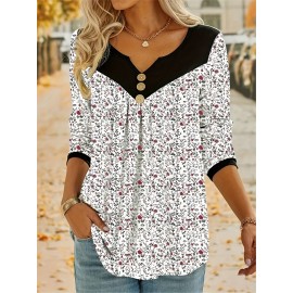 Plus Size Casual Top, Women's Plus Colorblock Ditsy Floral Print Button Decor Long Sleeve Notched Neck Medium Stretch Top
