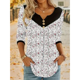 Plus Size Casual Top, Women's Plus Colorblock Ditsy Floral Print Button Decor Long Sleeve Notched Neck Medium Stretch Top