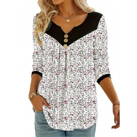 Plus Size Casual Top, Women's Plus Colorblock Ditsy Floral Print Button Decor Long Sleeve Notched Neck Medium Stretch Top