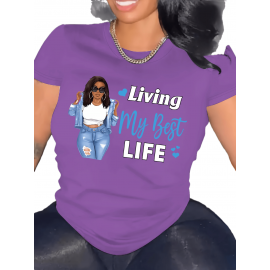 Plus Size Woman & Letter Print T-Shirt, Casual Short Sleeve Top For Spring & Summer, Women's Plus Size Clothing