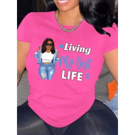 Plus Size Woman & Letter Print T-Shirt, Casual Short Sleeve Top For Spring & Summer, Women's Plus Size Clothing