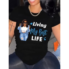 Plus Size Woman & Letter Print T-Shirt, Casual Short Sleeve Top For Spring & Summer, Women's Plus Size Clothing