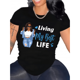 Plus Size Woman & Letter Print T-Shirt, Casual Short Sleeve Top For Spring & Summer, Women's Plus Size Clothing