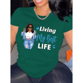 Plus Size Woman & Letter Print T-Shirt, Casual Short Sleeve Top For Spring & Summer, Women's Plus Size Clothing