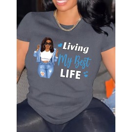 Plus Size Woman & Letter Print T-Shirt, Casual Short Sleeve Top For Spring & Summer, Women's Plus Size Clothing