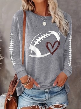 Plus Size Casual Top, Women's Plus Rugby & Heart Print Long Sleeve Round Neck Medium Stretch Top