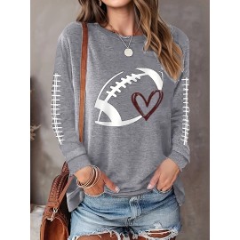 Plus Size Casual Top, Women's Plus Rugby & Heart Print Long Sleeve Round Neck Medium Stretch Top