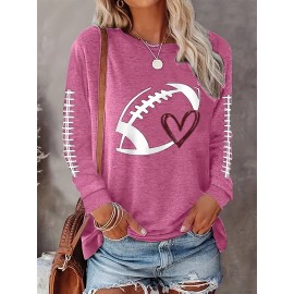 Plus Size Casual Top, Women's Plus Rugby & Heart Print Long Sleeve Round Neck Medium Stretch Top