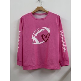 Plus Size Casual Top, Women's Plus Rugby & Heart Print Long Sleeve Round Neck Medium Stretch Top