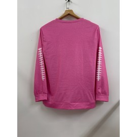 Plus Size Casual Top, Women's Plus Rugby & Heart Print Long Sleeve Round Neck Medium Stretch Top