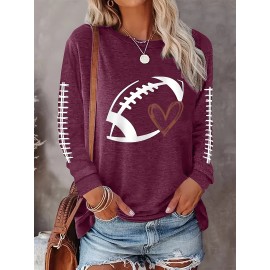 Plus Size Casual Top, Women's Plus Rugby & Heart Print Long Sleeve Round Neck Medium Stretch Top