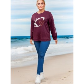 Plus Size Casual Top, Women's Plus Rugby & Heart Print Long Sleeve Round Neck Medium Stretch Top