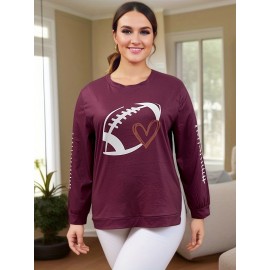 Plus Size Casual Top, Women's Plus Rugby & Heart Print Long Sleeve Round Neck Medium Stretch Top