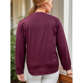 Plus Size Casual Top, Women's Plus Rugby & Heart Print Long Sleeve Round Neck Medium Stretch Top