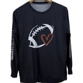 Plus Size Casual Top, Women's Plus Rugby & Heart Print Long Sleeve Round Neck Medium Stretch Top