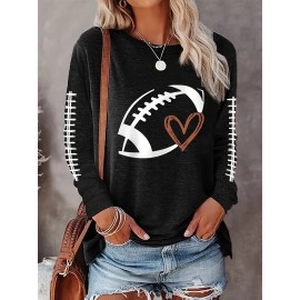 Plus Size Casual Top, Women's Plus Rugby & Heart Print Long Sleeve Round Neck Medium Stretch Top
