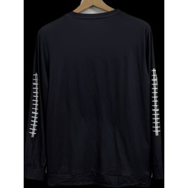 Plus Size Casual Top, Women's Plus Rugby & Heart Print Long Sleeve Round Neck Medium Stretch Top