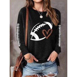 Plus Size Casual Top, Women's Plus Rugby & Heart Print Long Sleeve Round Neck Medium Stretch Top