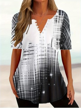 Plus Size Casual T-shirt, Women's Plus Random Print Short Sleeve V Neck Slight Stretch Henley T-shirt