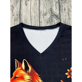 Plus Size Fox Print T-shirt, Casual Short Sleeve V Neck Top For Spring & Summer, Women's Plus Size Clothing