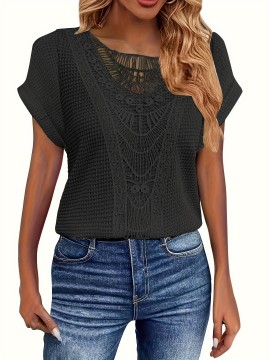 Plus Size Contrast Lace Top, Casual Crew Neck Short Sleeve Top, Women's Plus Size Clothing