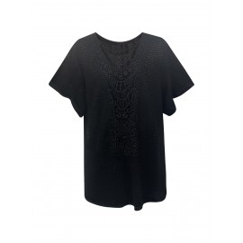 Plus Size Contrast Lace Top, Casual Crew Neck Short Sleeve Top, Women's Plus Size Clothing